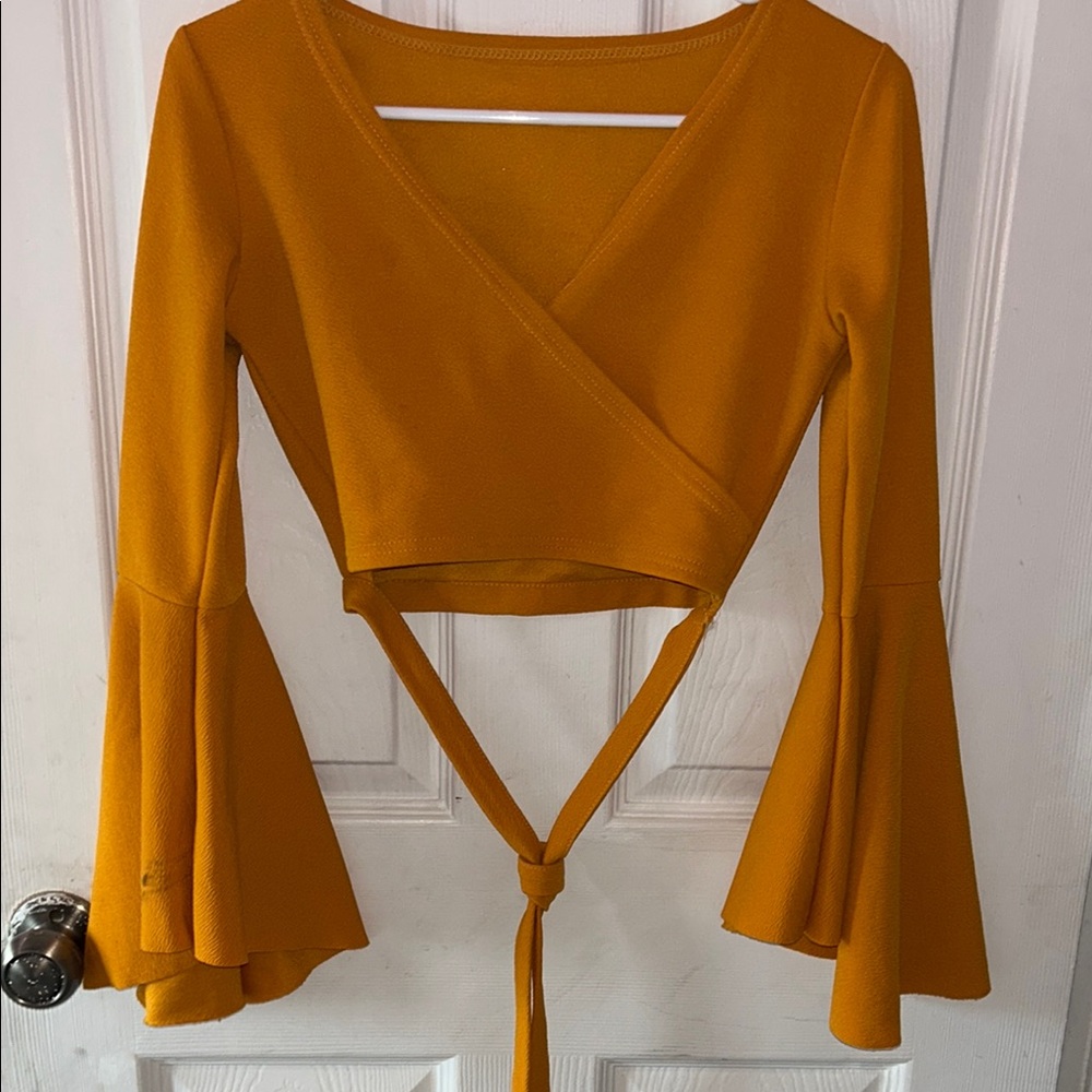 Elegant Mustard Wrap Top with Flared Sleeves